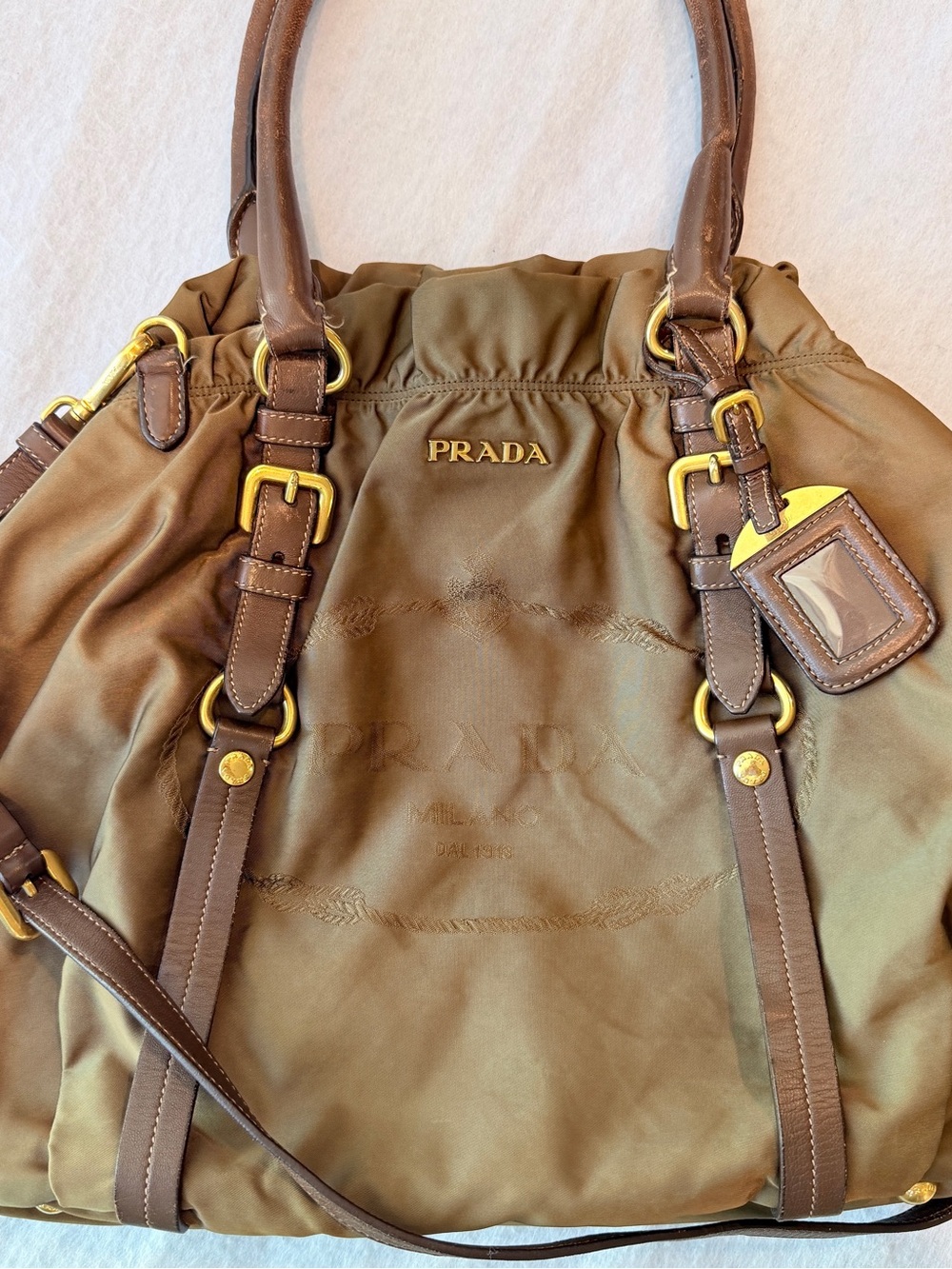 Authentic Prada Tessuto Nylon Leather Tote Bag Brown Gold Hardware Shoulder Bag